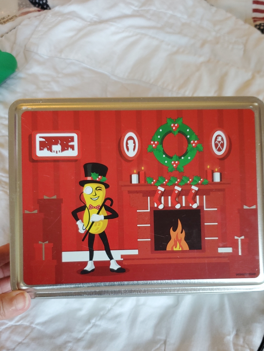 Planters Peanut Tin Box with Festive Fireplace Illustration
